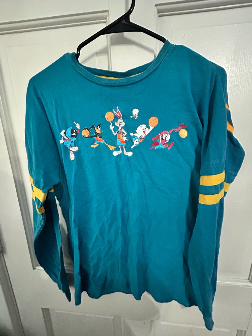 Teal Long-Sleeve Graphic Tee with Yellow Stripe Accents